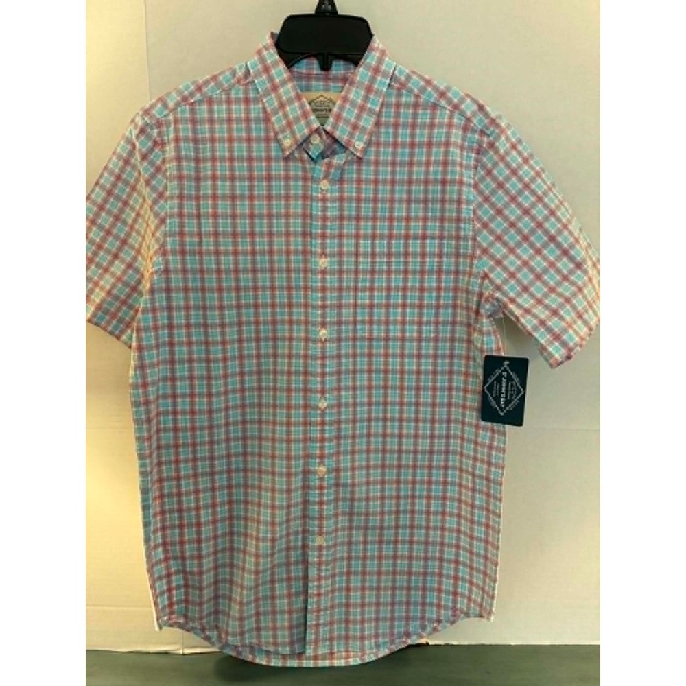 St. John's Bay Mens Small Pink Melon Plaid Button Up Shirt Short Sleeve Stretch
